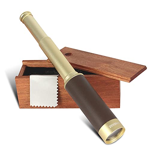 Coffret Longue Vue Puissante - Télescope Monoculaire - Grossissement x 25 - Lentille 30 mm - Randonnée, Chasse, Bateau, Observation des Oiseaux et Paysages - Boîte de Rangement Bois - 33 CM - Doré