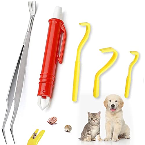 Dioxide 5pcs Tire Tique, Pince à Tiques en Acier Inoxydable, Pince a Tique Plastique et Crochet à Tiques en Plastique avec Boîte pour Chiens et Chats