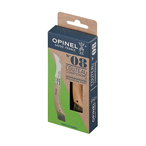 Opinel - N°08 Champignon Boîte Individuelle - Couteau Champignon Brosse Poil de Sanglier - Couteau Champignons en INOX Manche Bois Couteau de Poche Bois de Hêtre & Lame INOX 8 cm