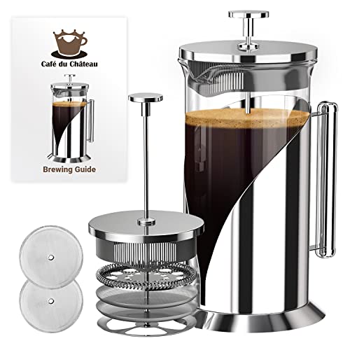 Cafe Du Chateau Cafetière à presse française, système de filtration à 4 niveaux, acier inoxydable 304 de qualité supérieure, verre borosilicate résistant à la chaleur