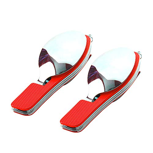 QitinDasen 2Pcs Prime 4 en 1 Couverts Pliant, Couverts Camping en Acier Inoxydable, Couverts Multifonction Pliant Couteau Fourchette Cuillère, pour Camping, Pique-Nique, Voyager (Rouge)