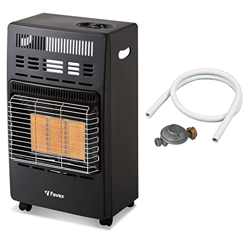 Favex - Chauffage d'appoint gaz 4200 - Prêt à l'emploi livré avec Tuyau et détendeur-Intérieur-Brûleur céramique Infrarouge-3 Puissances de Chauffe-jusqu'à 40 m², Acier, Noir