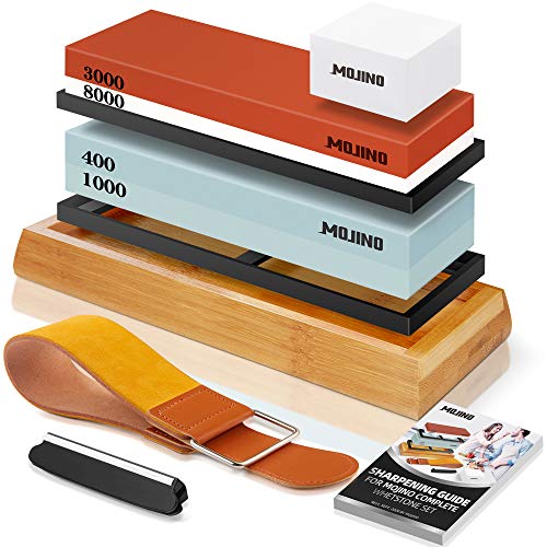 MOJINO Kit de Pierre à Aiguiser, Ensemble Aiguiseur de Couteau Professionel 400/1000 3000/8000, Pierres à Affûter avec Base en Bambou Antidérapante, Pierre à Aplatir, Guide d'angle et Lanière en Cuir