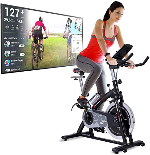 Sportstech Vélo d’appartement ergomètre SX200 avec commande par application Smartphone + Google Street View, poids d’inertie 22 KG, cardiofréquencemètre, 125kg max. (SX200)